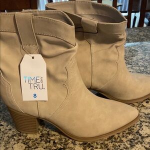 Time and Tru Cream Ankle Booties with Stacked Heel